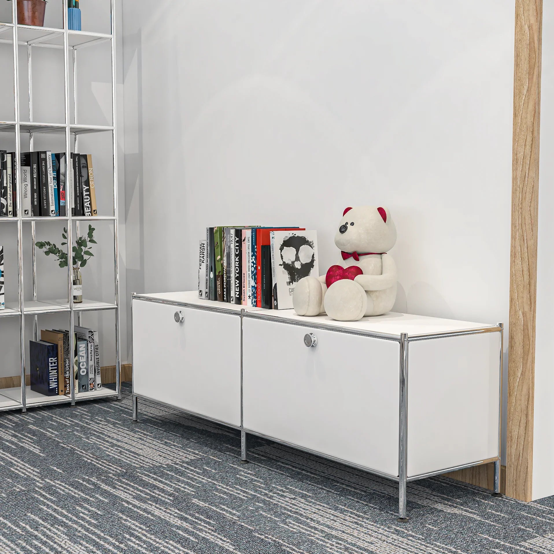 SIMPLINK 60-Inch Wide Metal Lowboard Storage Cabinet with 2 Flap Doors