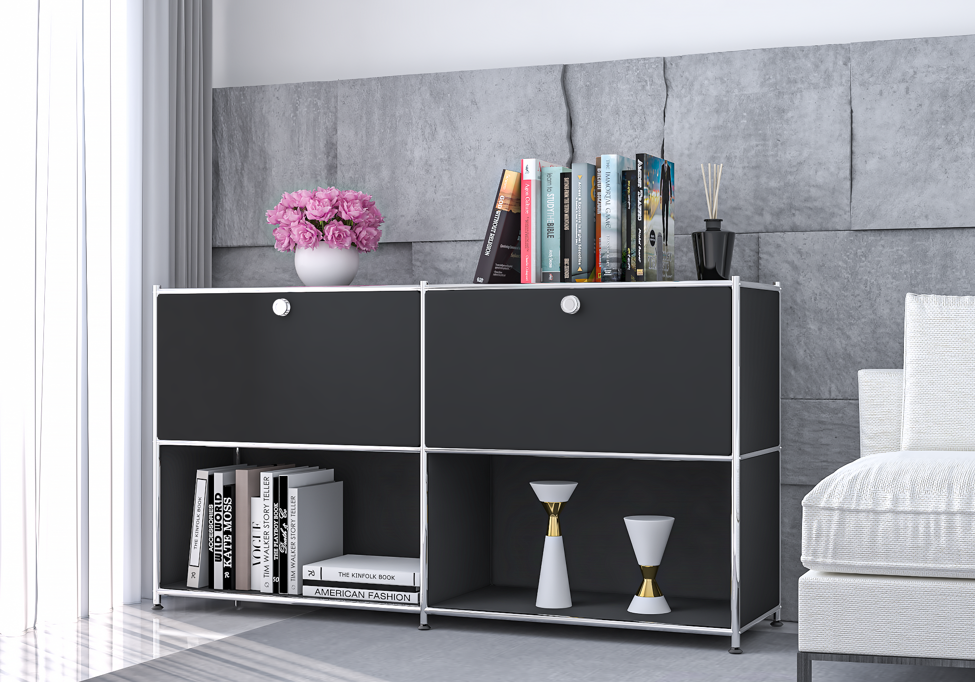 SIMPLINK 60-Inch Wide Metal Sideboard Cabinet with 2 Flap Doors