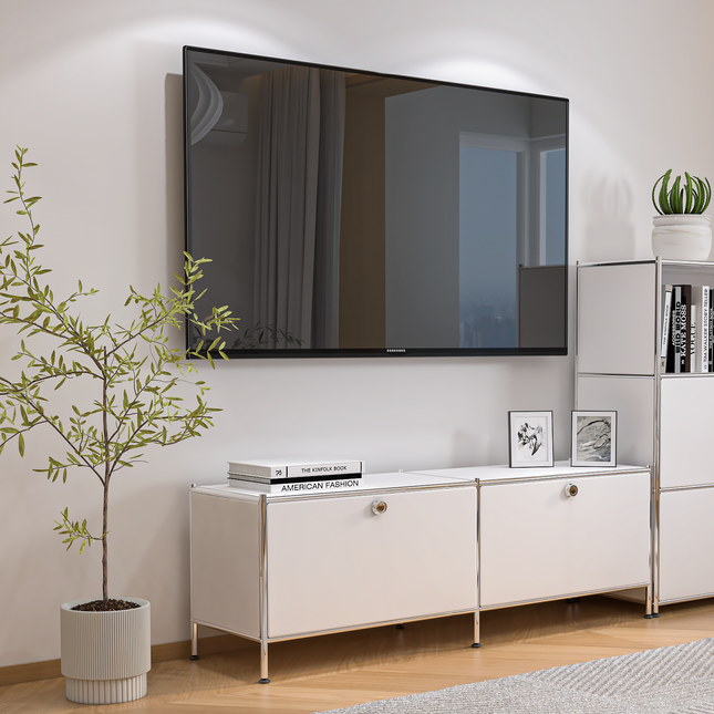 Metal Low board with 2 Flap Doors White