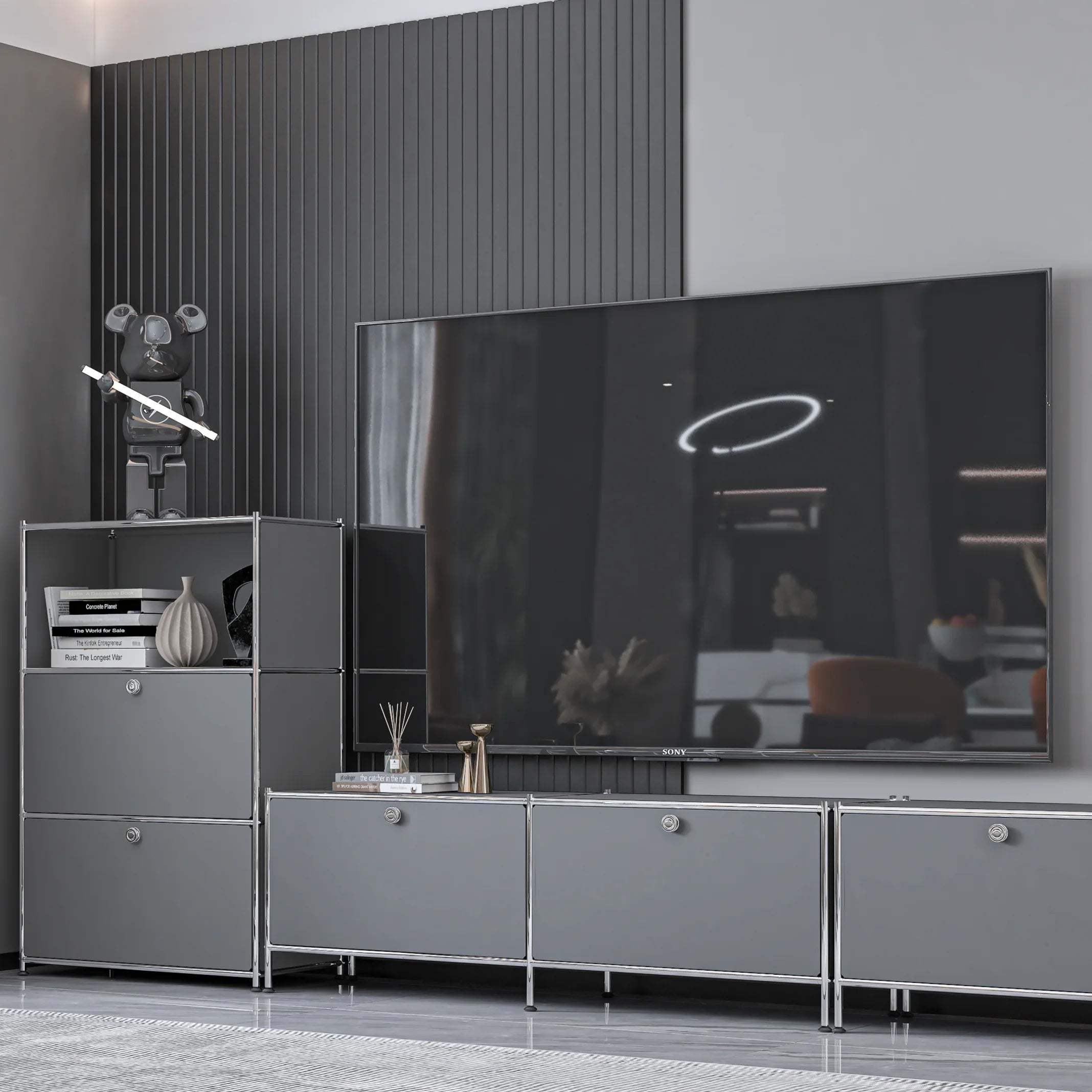 SIMPLINK 60-Inch Wide Metal Lowboard Storage Cabinet with 2 Flap Doors