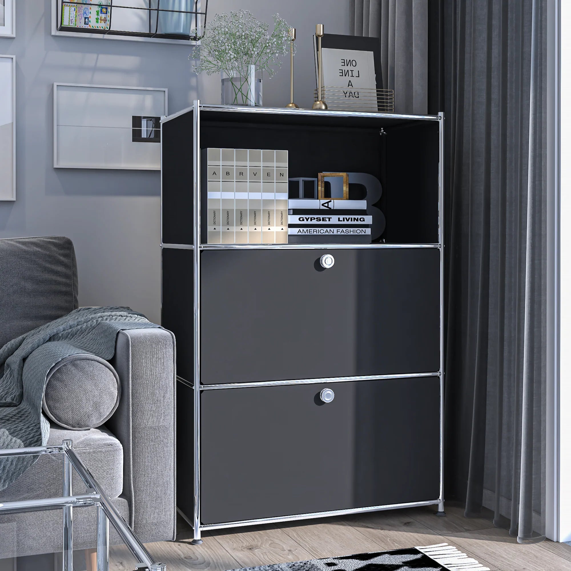 SIMPLINK 47-Inch Metal Storage Cabinet with Open Shelves