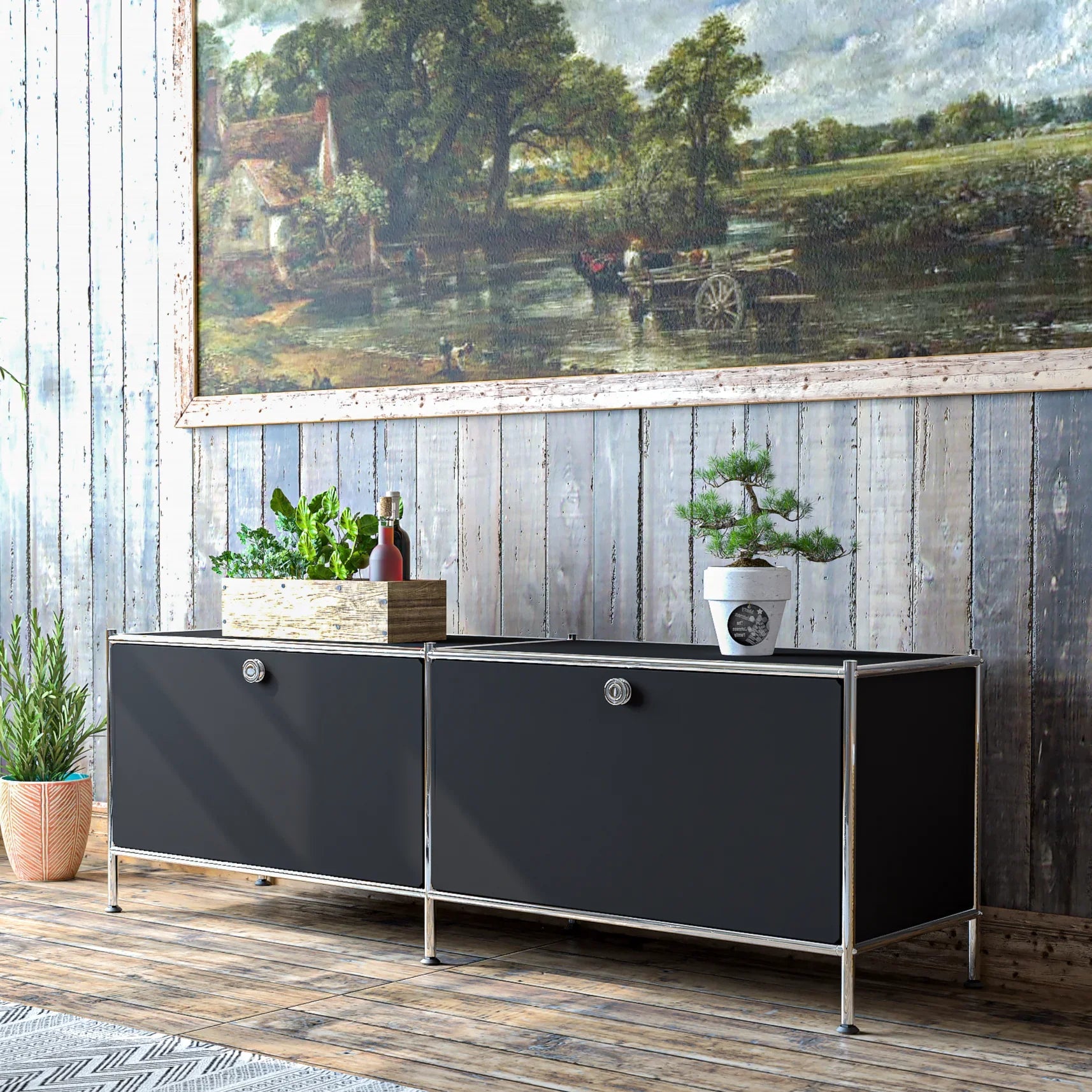 SIMPLINK 60-Inch Wide Metal Lowboard Storage Cabinet with 2 Flap Doors