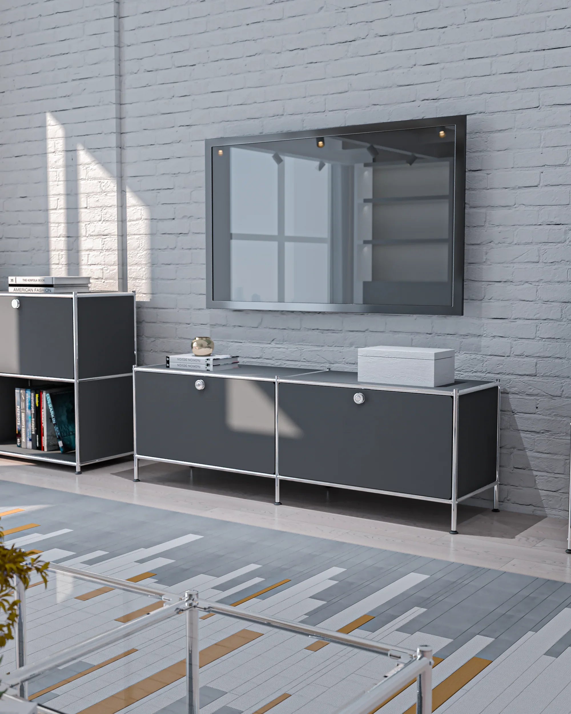 SIMPLINK 60-Inch Wide Metal Lowboard Storage Cabinet with 2 Flap Doors