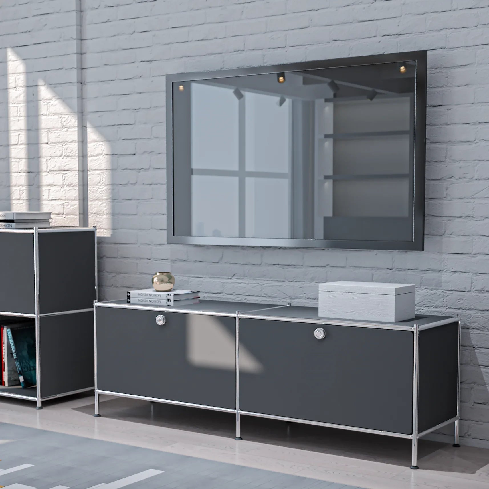 SIMPLINK 60-Inch Wide Metal Lowboard Storage Cabinet with 2 Flap Doors