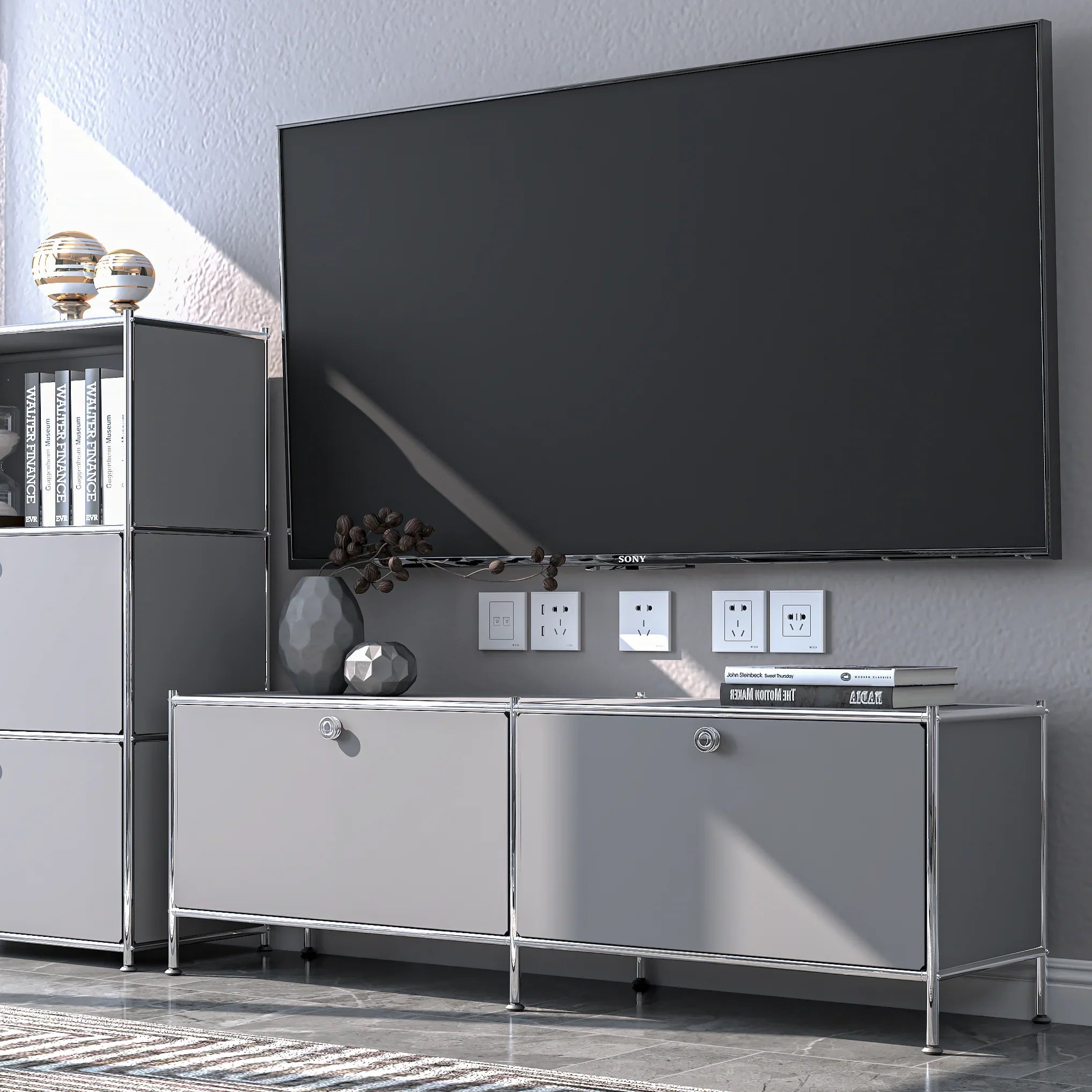 SIMPLINK 60-Inch Wide Metal Lowboard Storage Cabinet with 2 Flap Doors