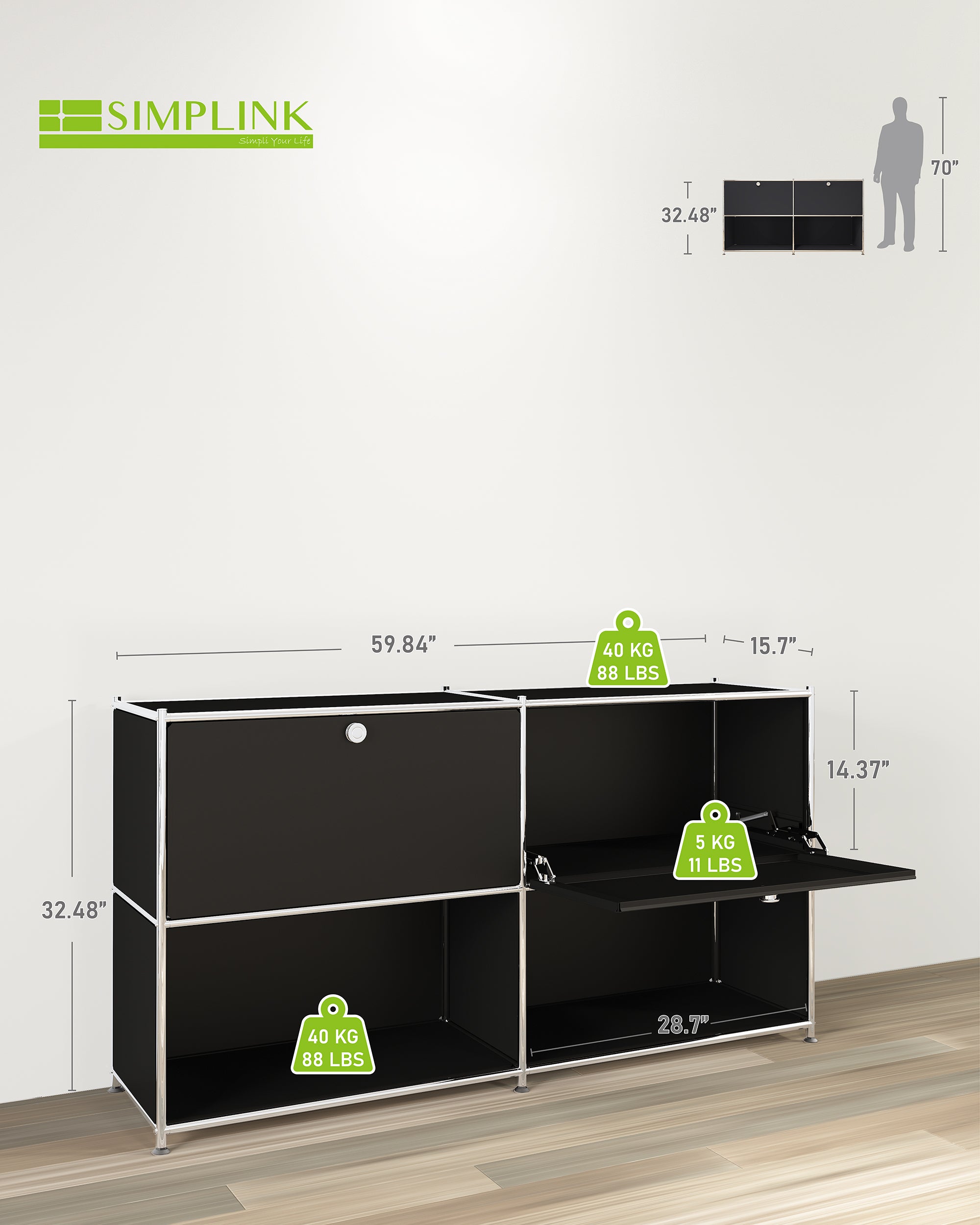 SIMPLINK 60-Inch Wide Metal Sideboard Cabinet with 2 Flap Doors