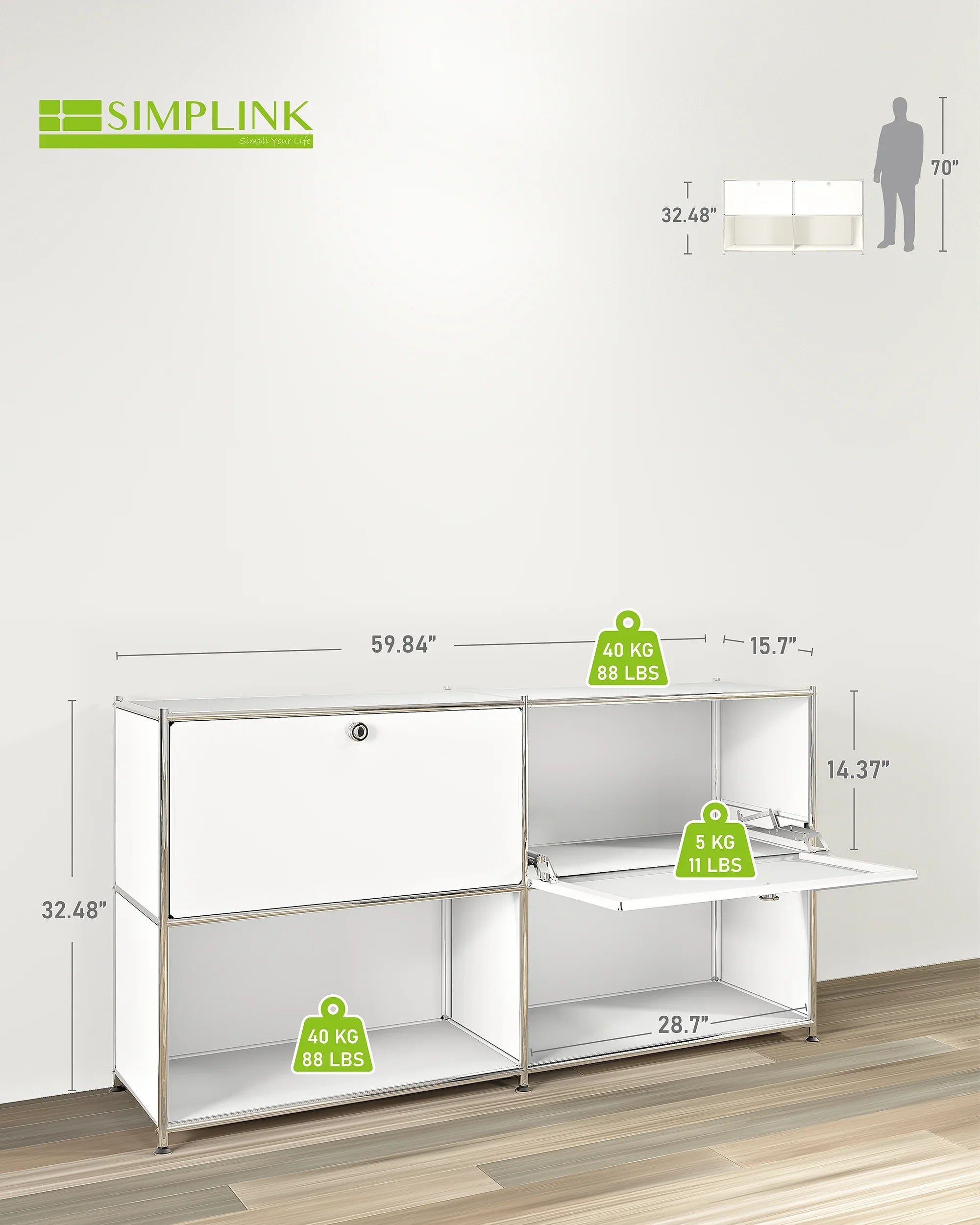 SIMPLINK 60-Inch Wide Metal Sideboard Cabinet with 2 Flap Doors