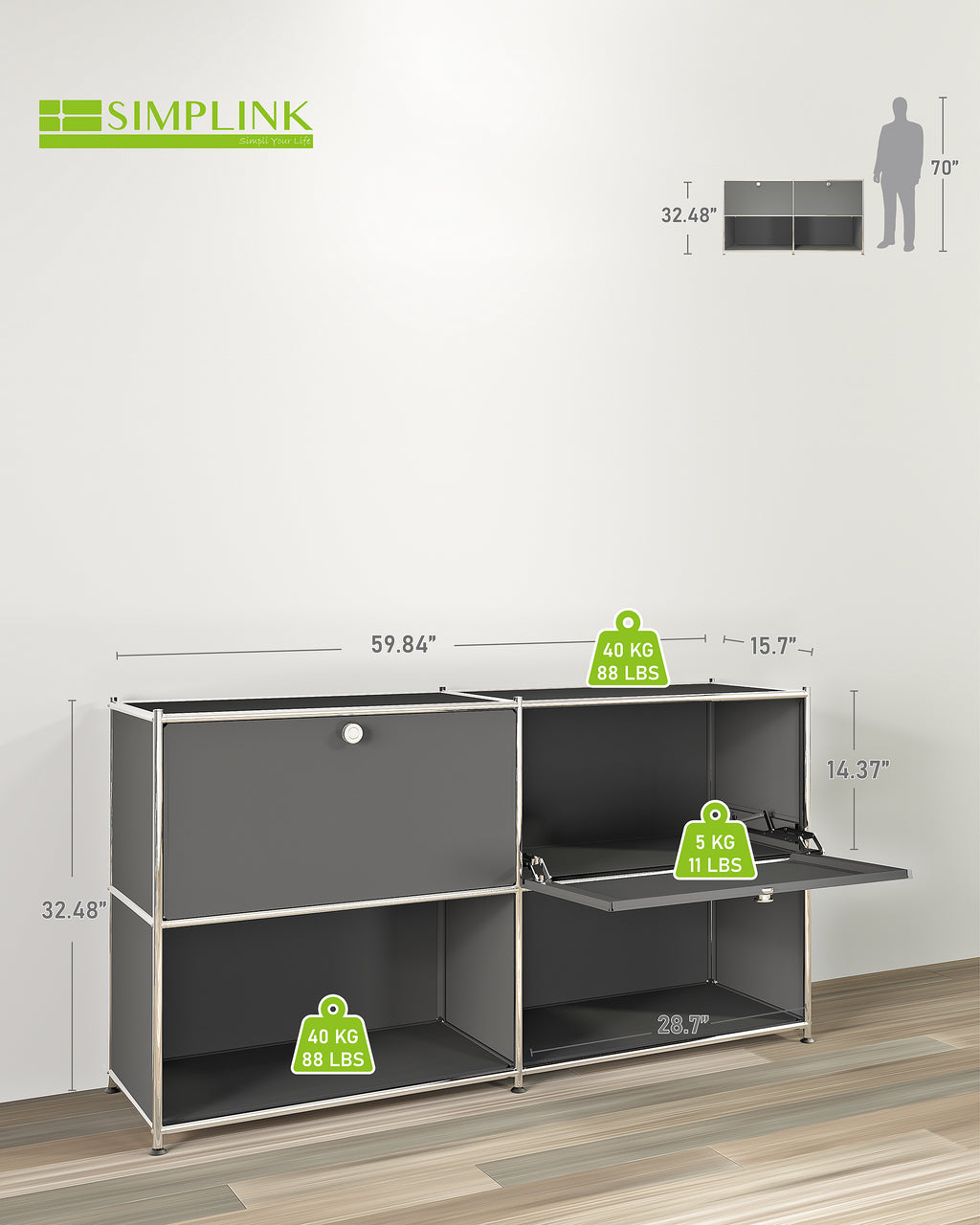SIMPLINK 60-Inch Wide Metal Sideboard Cabinet with 2 Flap Doors