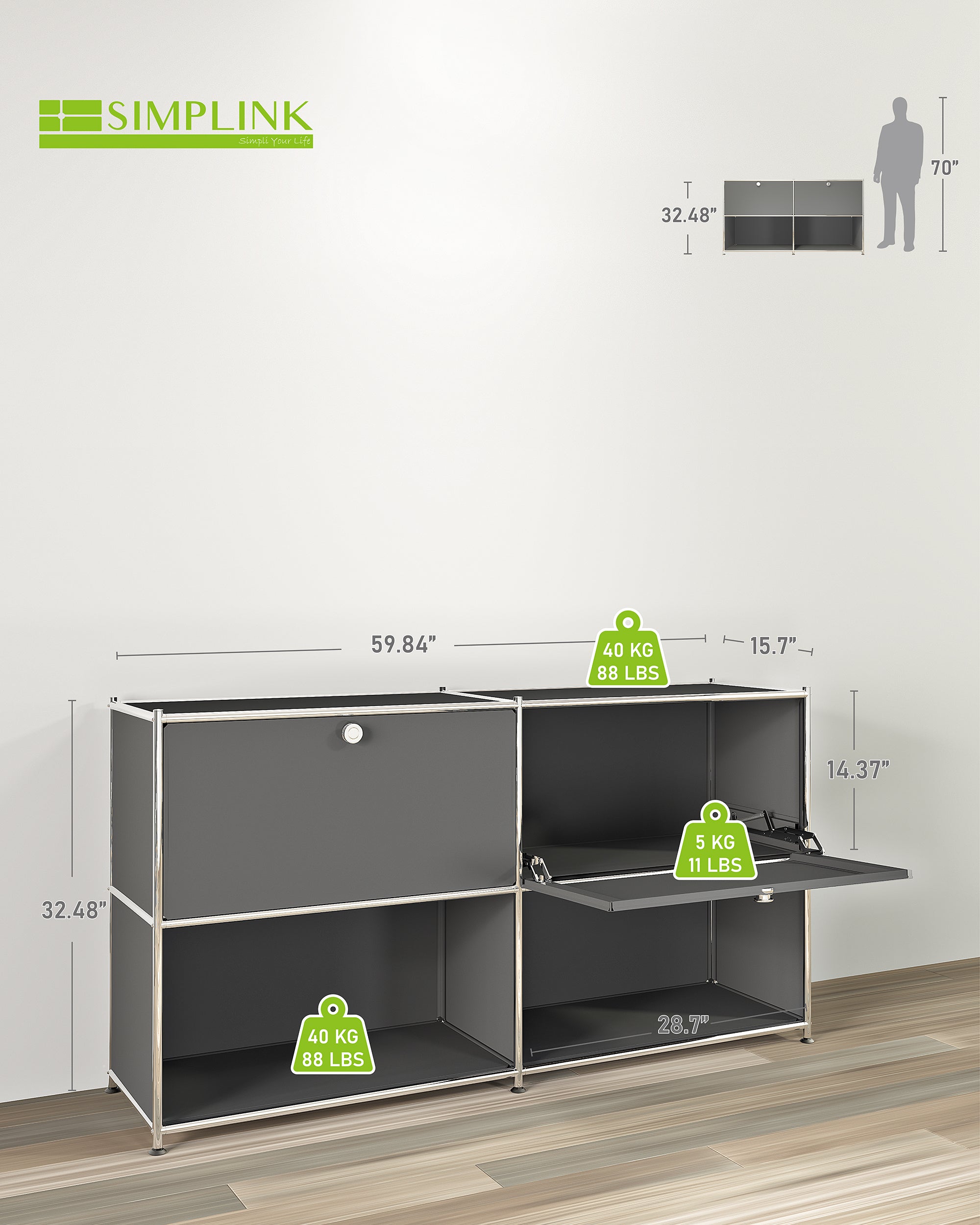 SIMPLINK 60-Inch Wide Metal Sideboard Cabinet with 2 Flap Doors