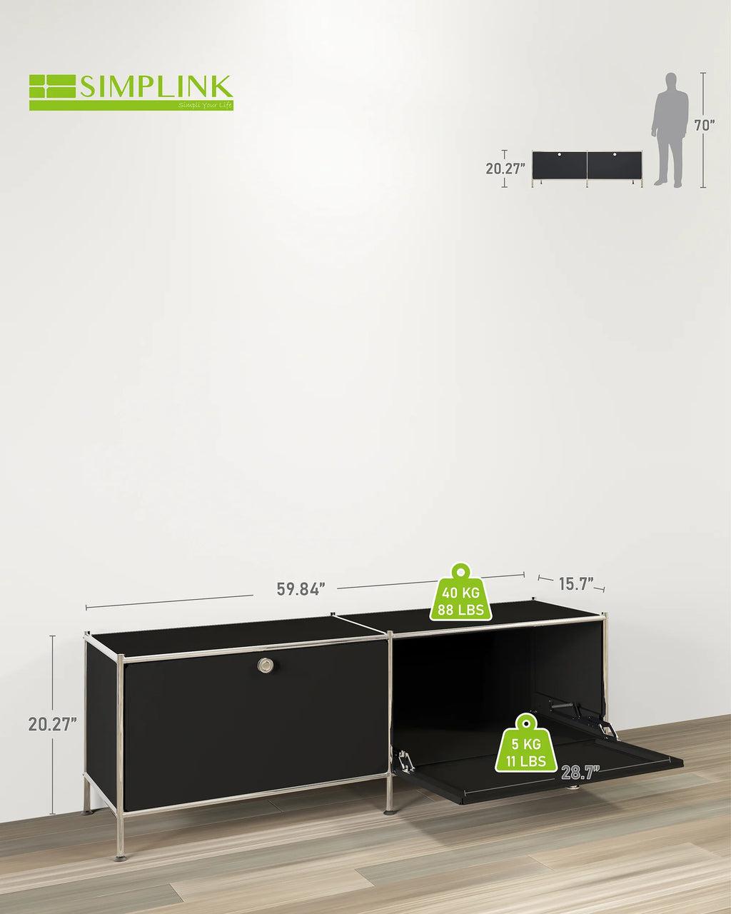 SIMPLINK 60-Inch Wide Metal Lowboard Storage Cabinet with 2 Flap Doors