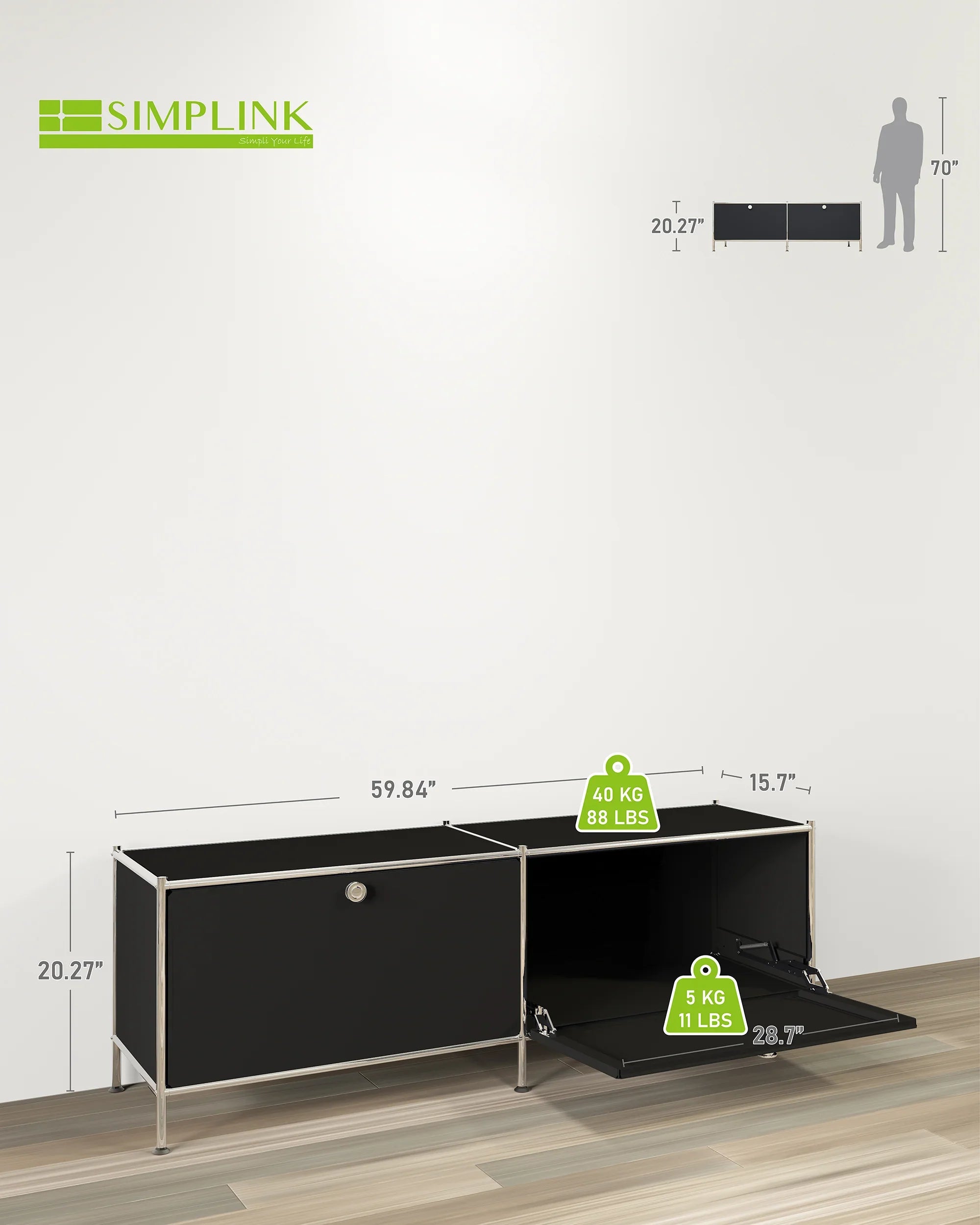 SIMPLINK 60-Inch Wide Metal Lowboard Storage Cabinet with 2 Flap Doors