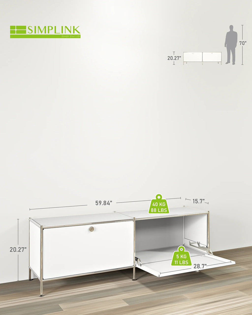 SIMPLINK 60-Inch Wide Metal Lowboard Storage Cabinet with 2 Flap Doors