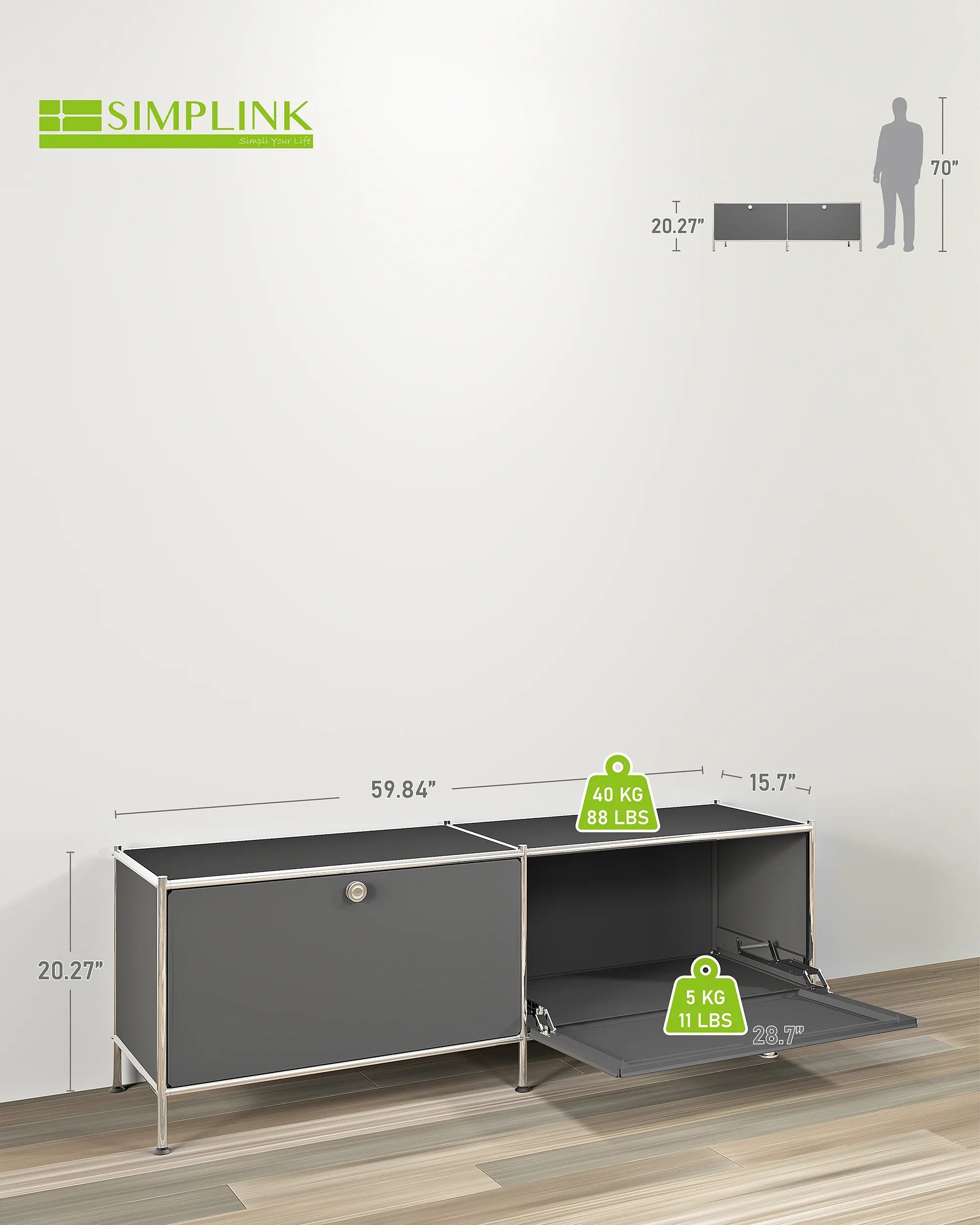 SIMPLINK 60-Inch Wide Metal Lowboard Storage Cabinet with 2 Flap Doors