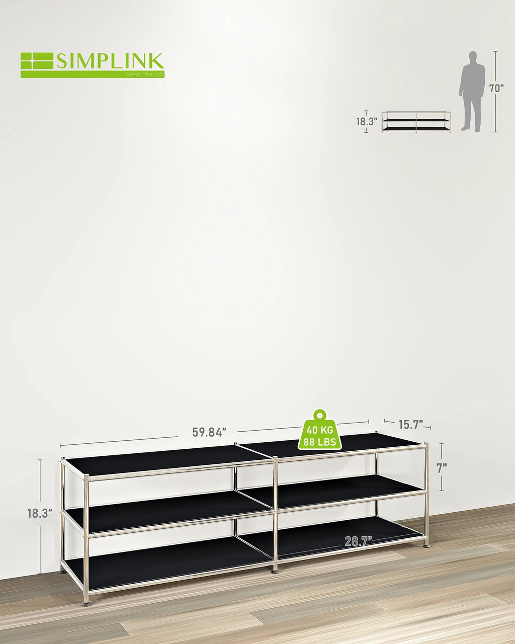 SIMPLINK 60-Inch Wide 3-Tier Metal Storage Shelf