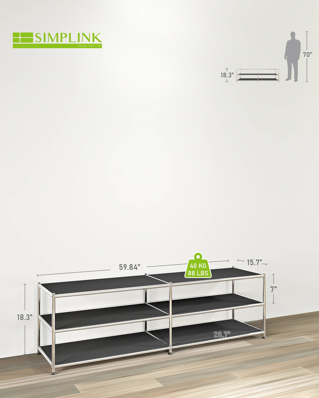 SIMPLINK 60-Inch Wide 3-Tier Metal Storage Shelf
