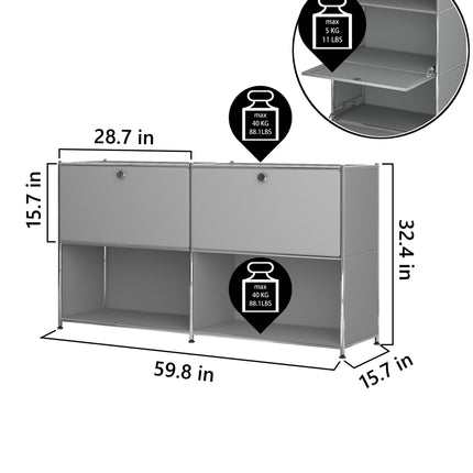 Metal Sideboard with 2 Flap Doors Grey