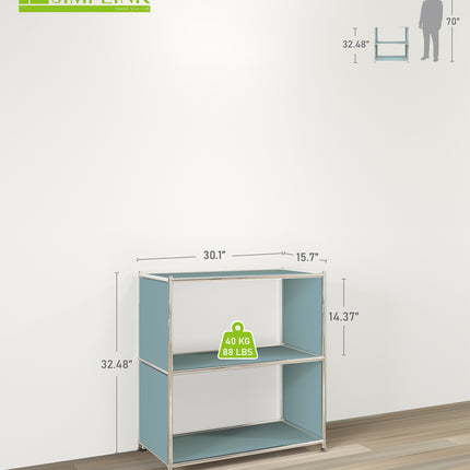 Light blue metal bookcase with dimensions and 40kg load capacity shown
