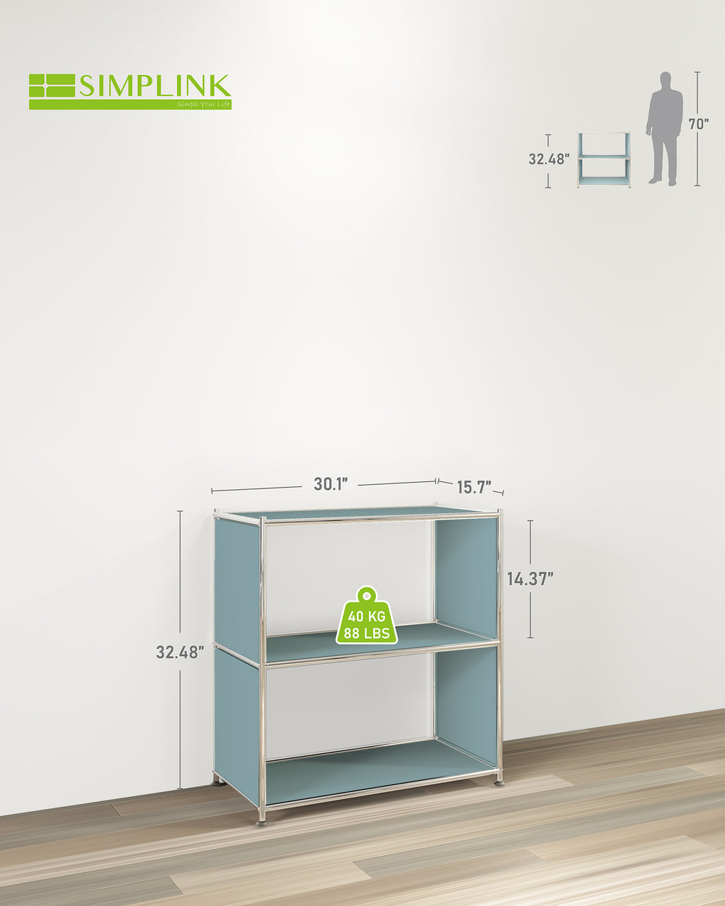 Light blue metal bookcase with dimensions and 40kg load capacity shown

