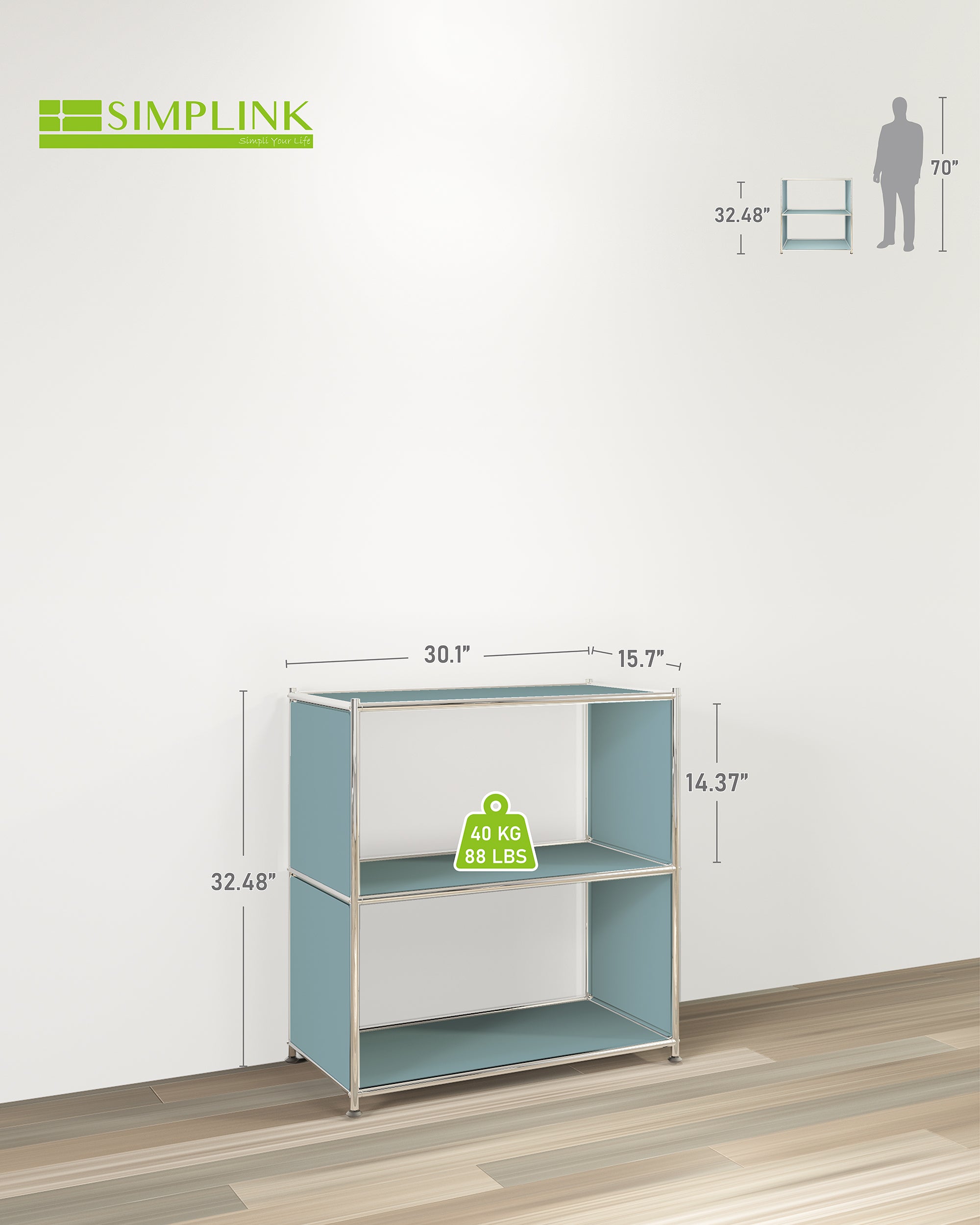 Light blue metal bookcase with dimensions and 40kg load capacity shown
