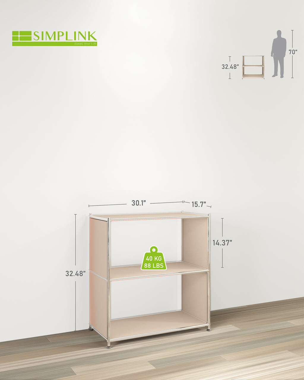 Metal bookcase size diagram showing width depth height and 88 lbs weight capacity