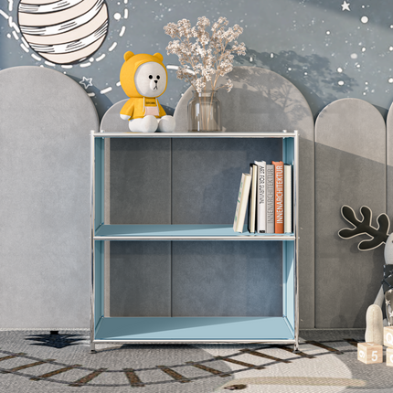 Light blue metal open shelf bookcase styled with toys and books in kids room
