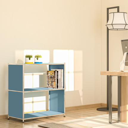 Modern metal bookcase in home office with books and plants
