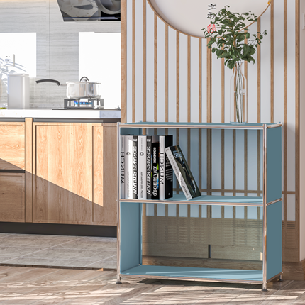 Modern metal bookcase in kitchen with books and decorative plant

