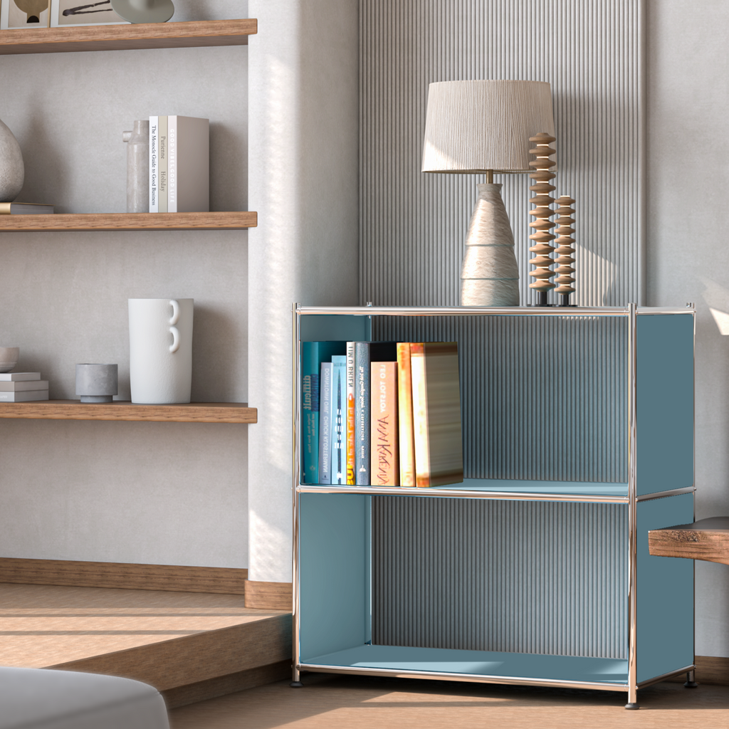Modern metal bookcase with books and table lamp in minimalist living room
