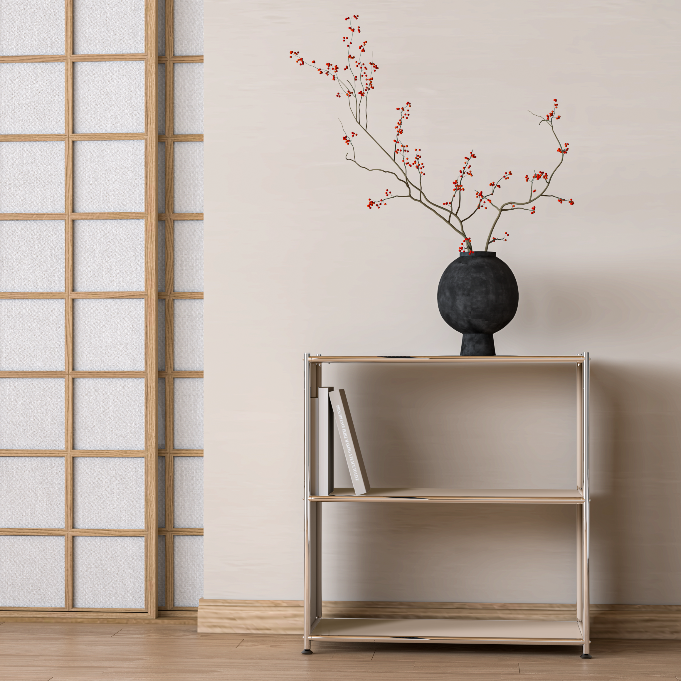 Minimal metal bookcase styled with a black vase and branches in a Japanese-inspired interior with wood accents
