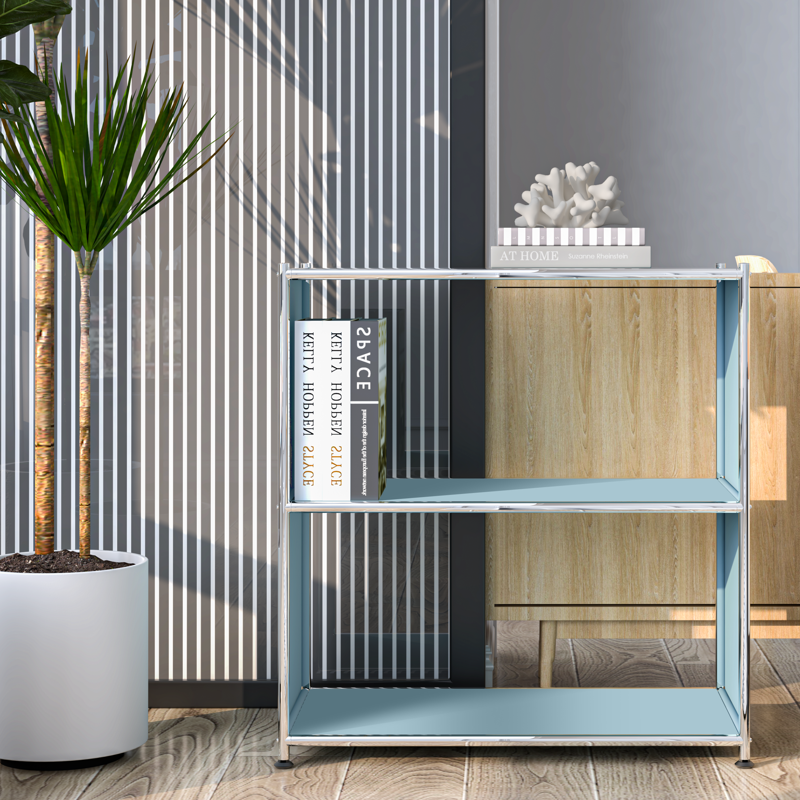Modern metal bookcase styled with books and decor in a contemporary interior with vertical slat wall and natural wood cabinet
