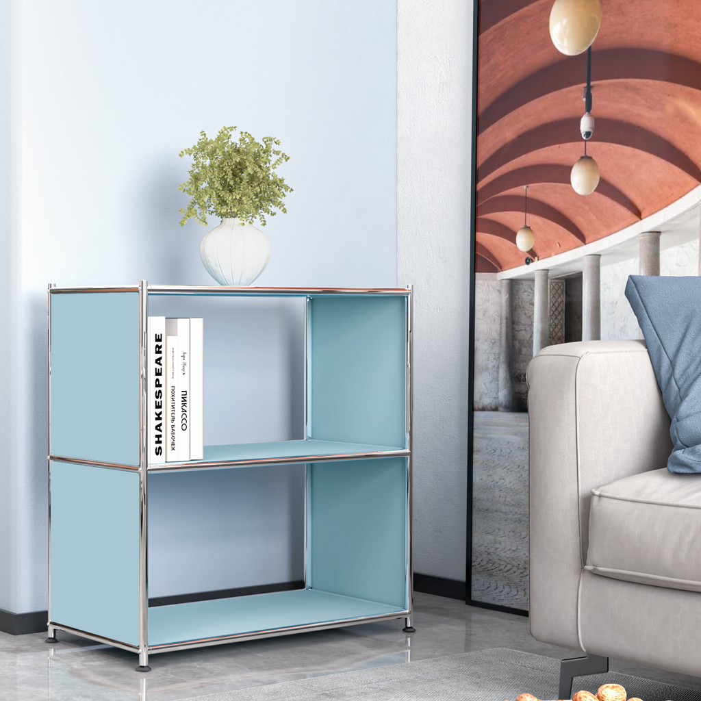 Modern metal open shelf bookcase in light blue used for books and decor in a living room
