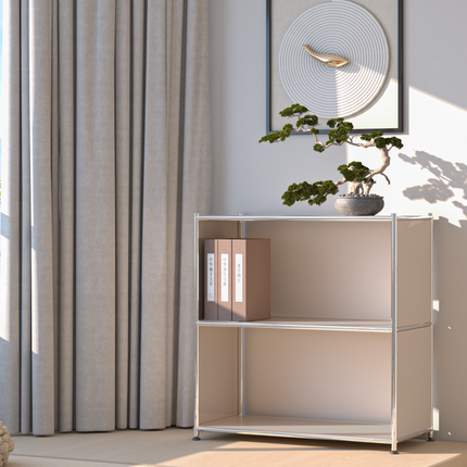 Modern open bookcase with metal frame and shelves styled with books and bonsai