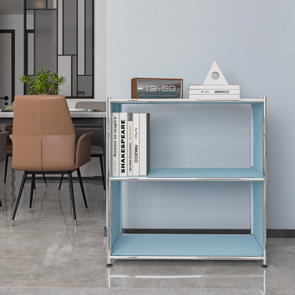 Modern metal bookcase with open shelves used in a living and dining space for books and decor
