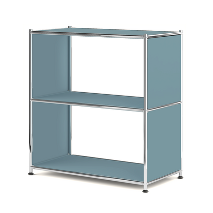 Light blue metal open shelf bookcase isolated on white background

