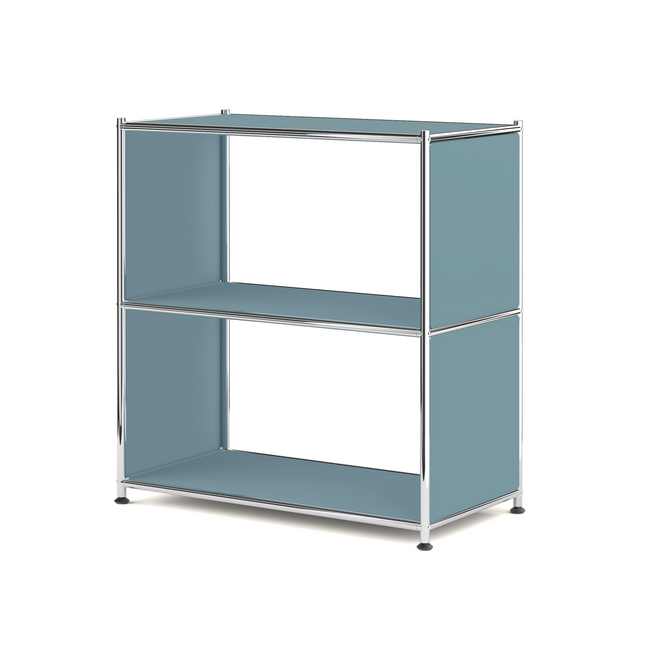 Light blue metal open shelf bookcase isolated on white background
