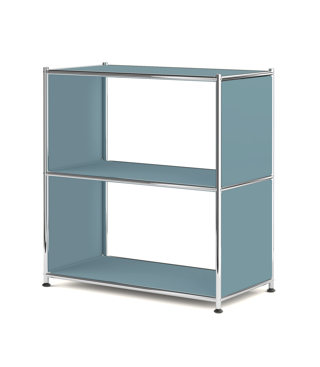 Light blue metal open shelf bookcase isolated on white background
