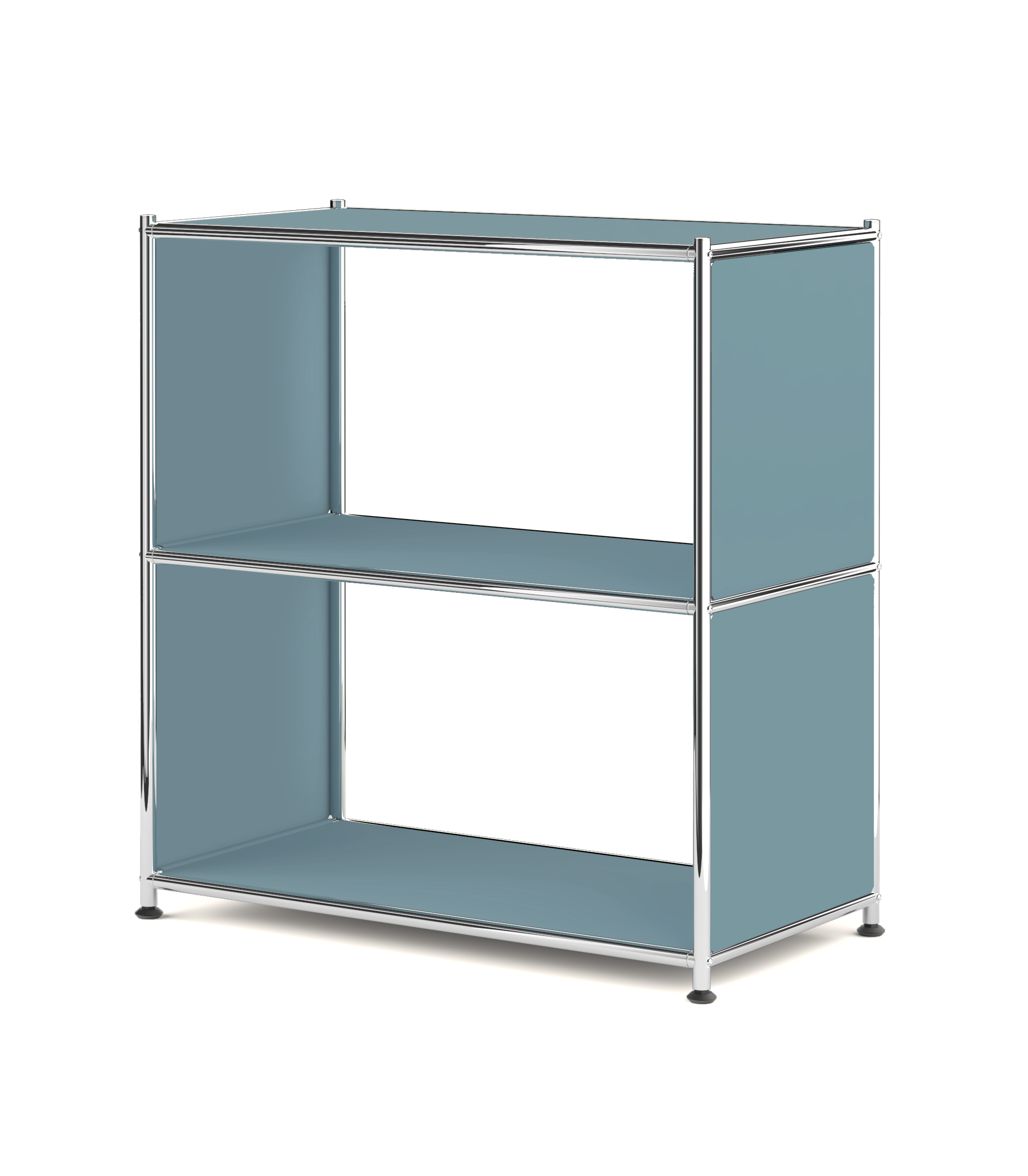 Light blue metal open shelf bookcase isolated on white background
