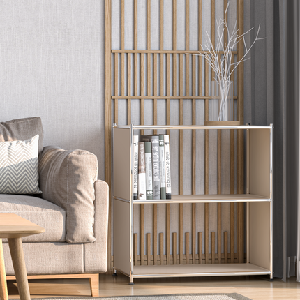 Open metal bookcase styled with books beside sofa in warm modern living room