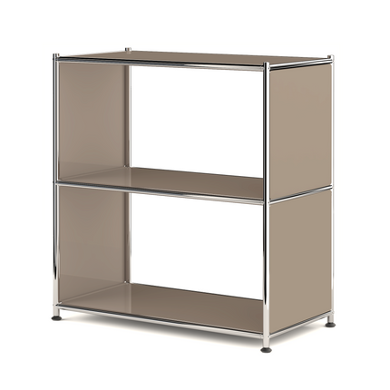 Metal bookcase with open shelves and chrome frame on white background