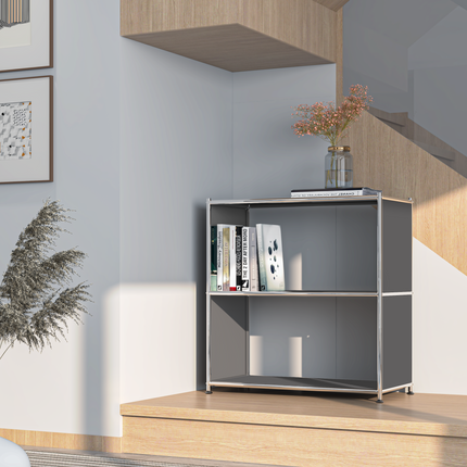 Modern entryway featuring metal shelving for books and everyday storage