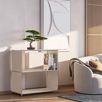 Low metal bookcase by Simplink styled in a modern living room with books and decor
