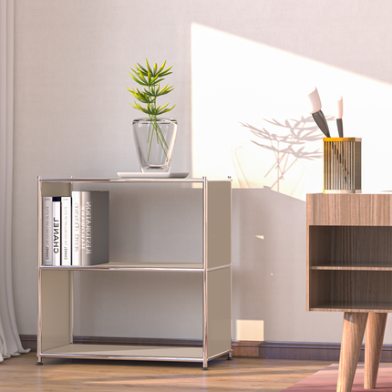 Low metal bookcase by Simplink styled with books and plants in a modern living room
