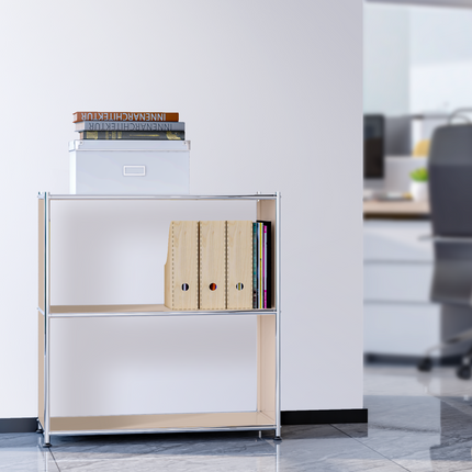 Low open shelf with metal frame used as office storage with books and boxes