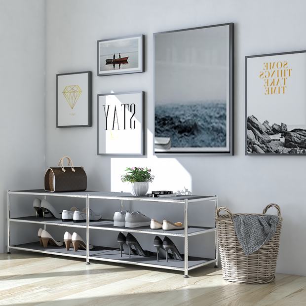 Metal shoe storage bench with shelves in a modern entryway