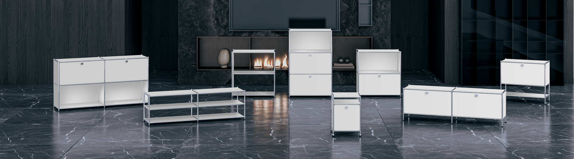 SIMPLINK matte white metal furniture collection in a contemporary living room