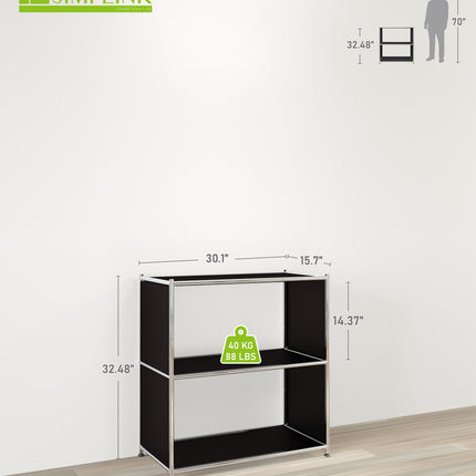 Black metal open bookcase with two shelves showing dimensions and weight capacity
