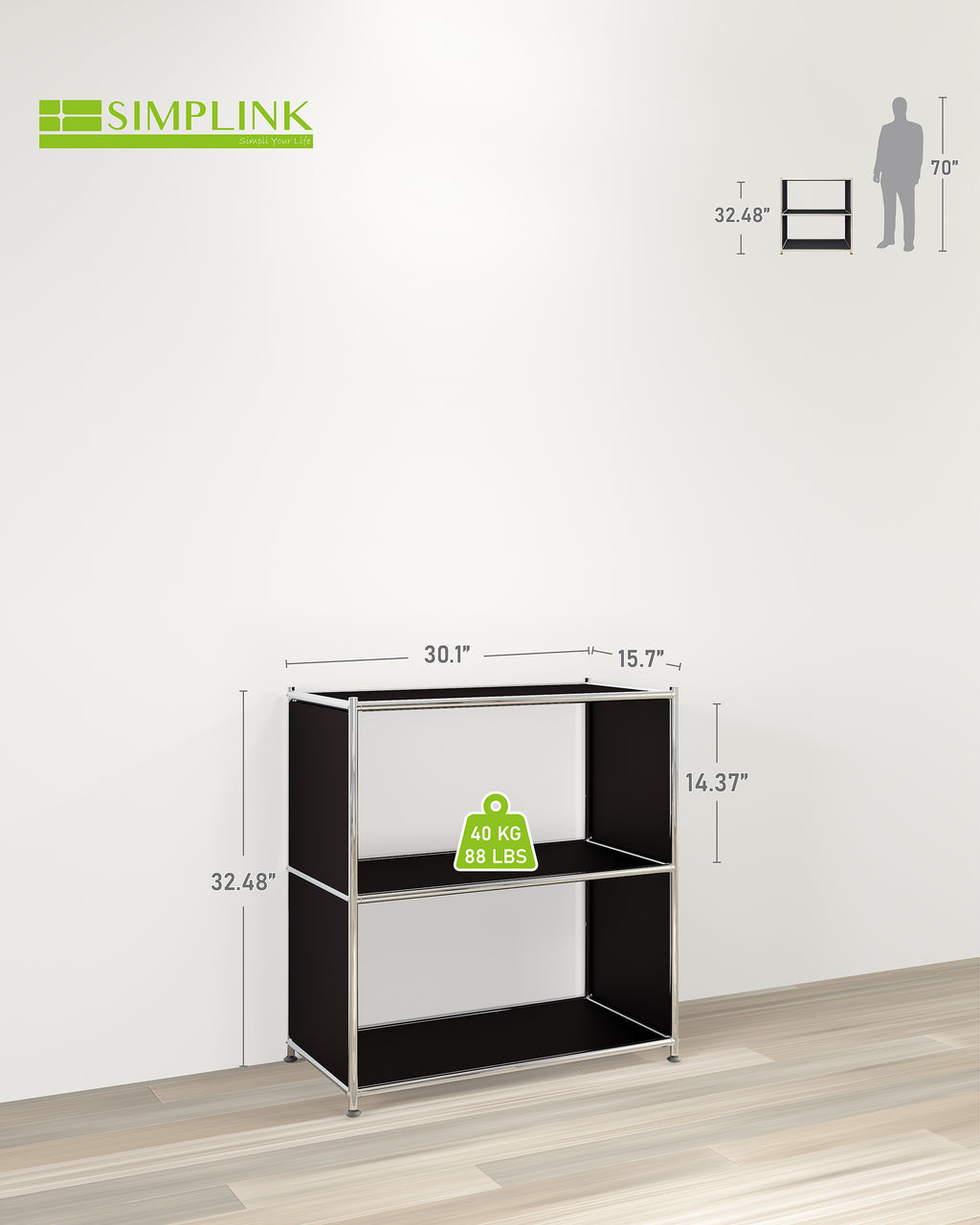 Black metal open bookcase with two shelves showing dimensions and weight capacity
