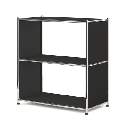 Black metal open bookcase with two shelves isolated on white background
