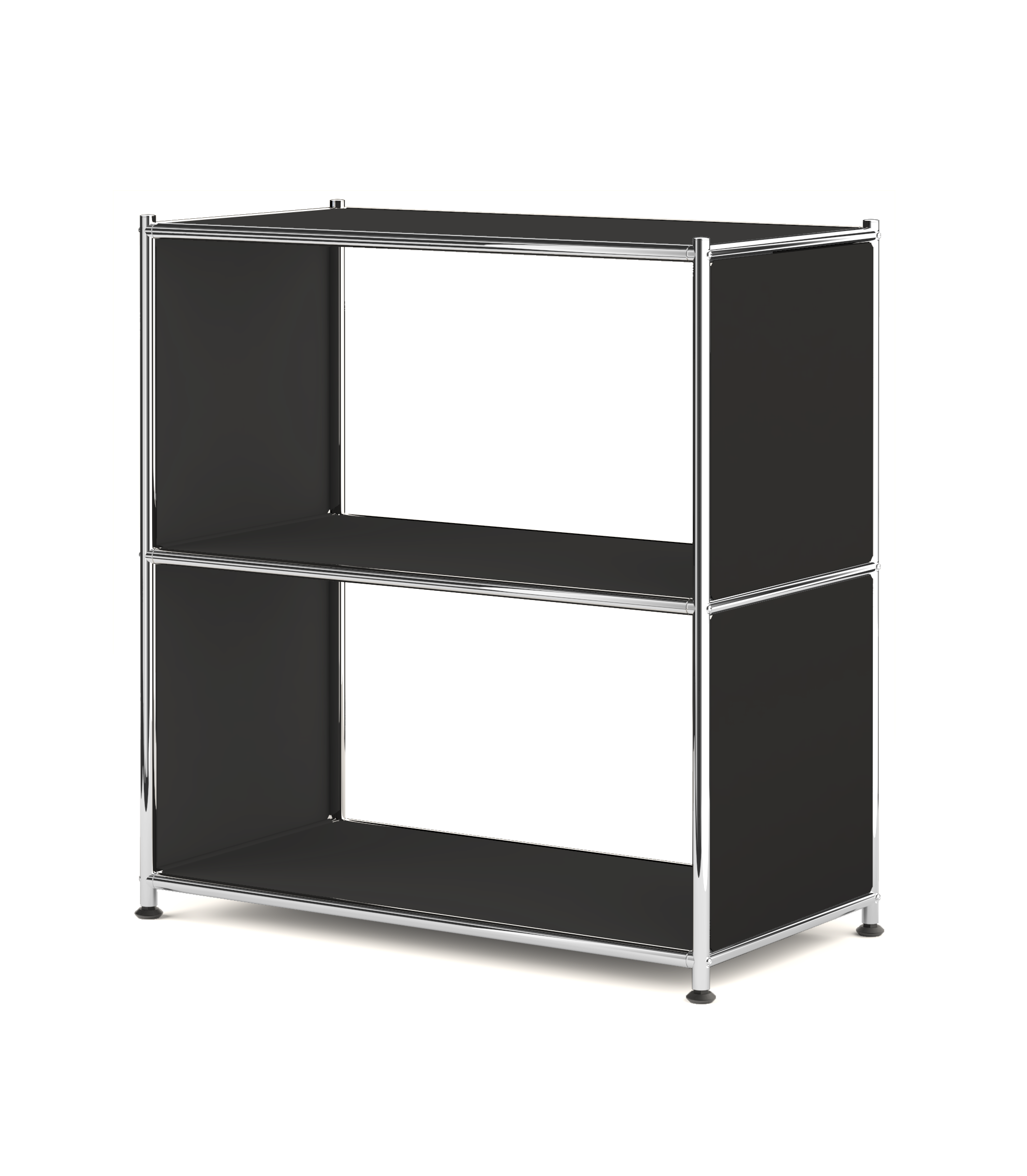 Black metal open bookcase with two shelves isolated on white background

