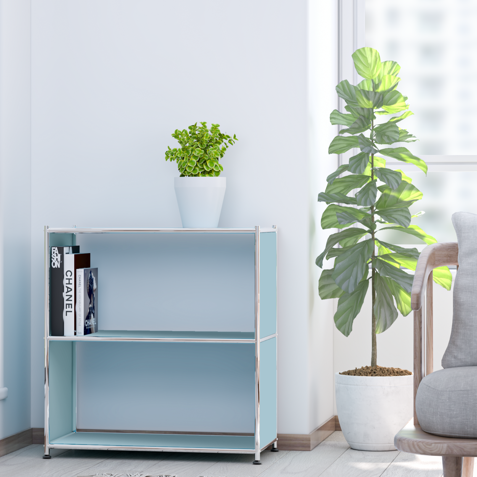 Light blue metal bookcase with two open shelves and chrome frame beside a window
